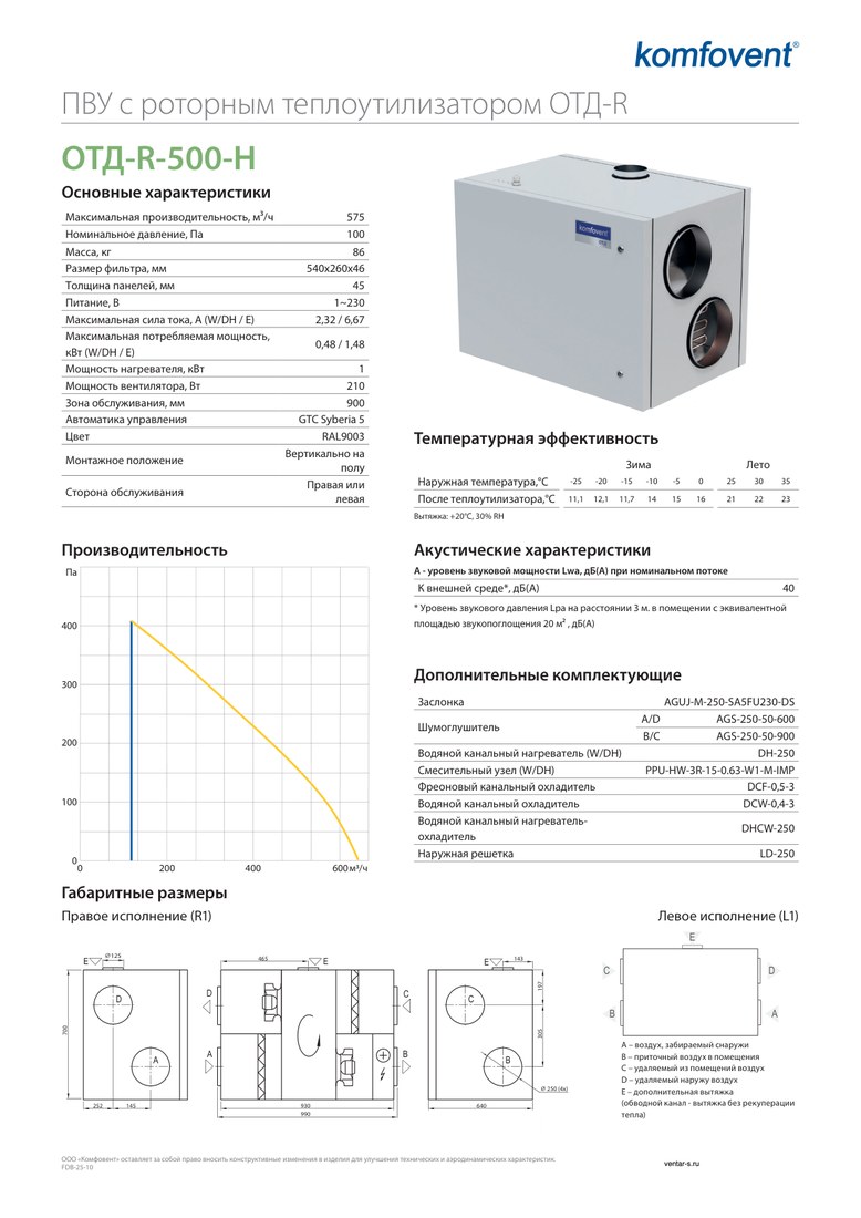 Приточно-вытяжная установка Komfovent ОТД-R-500-H-E (ротор L/A, фильтры F7/M5)