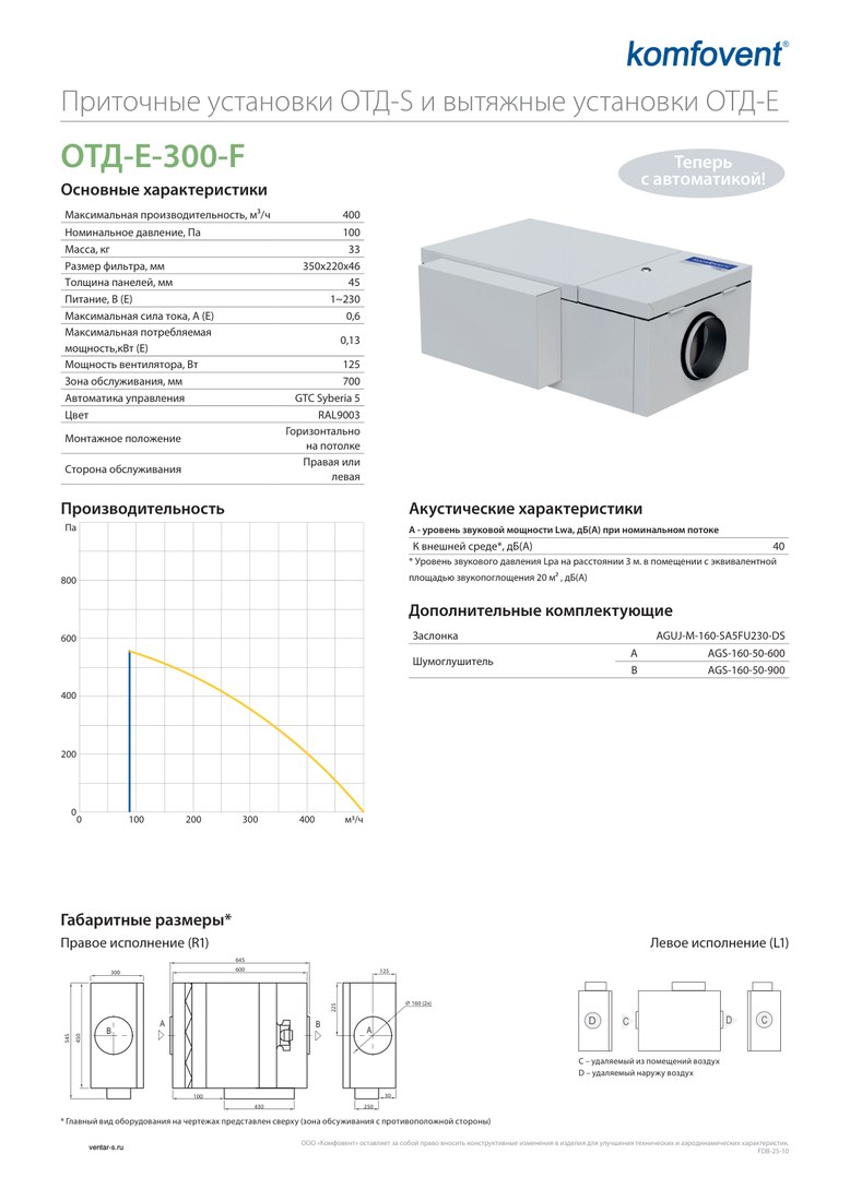 Вытяжная установка Komfovent ОТД-E-300-F (фильтры F7/M5, без автоматики)